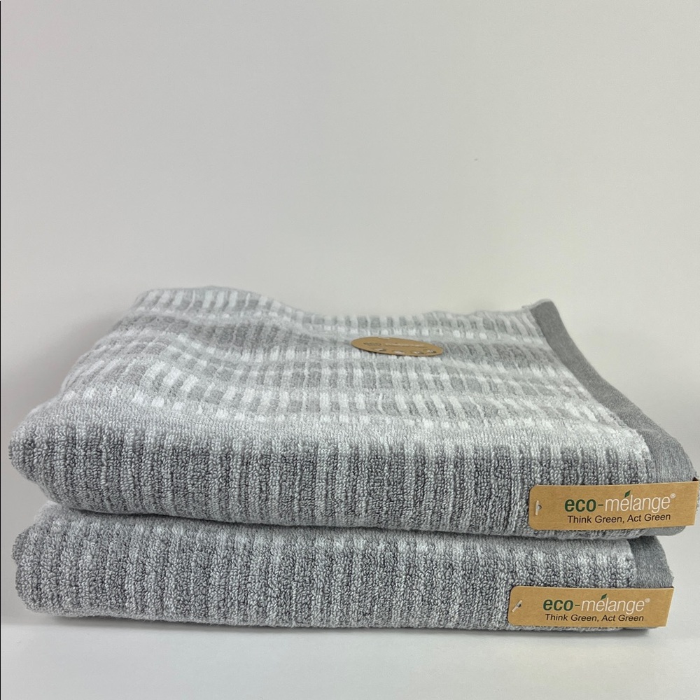 2 PC Eco Melange Bath Towels Gray & White Striped Soft Cotton Blend NEW